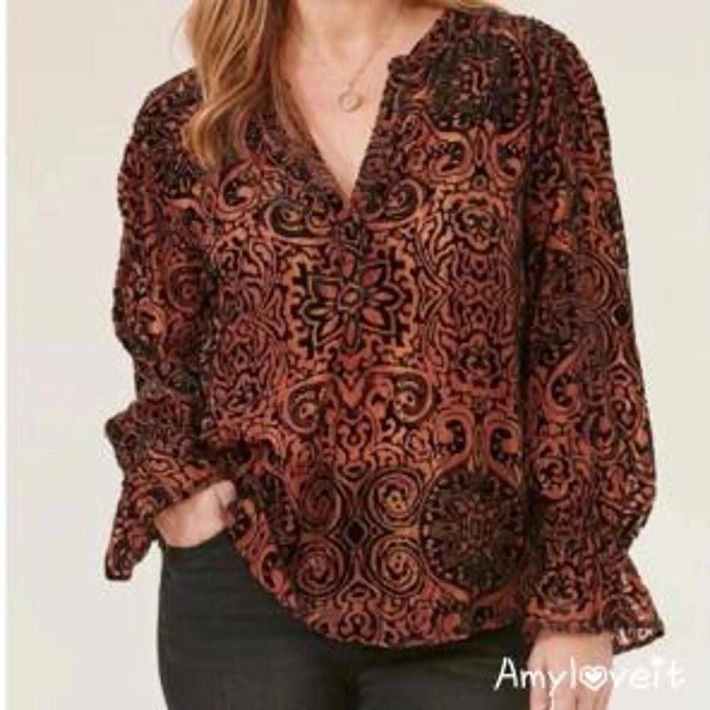 Democracy Oversized Brown Gold Blouse Black Velvet Detail | Office Workwear Boho